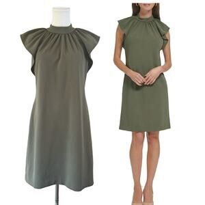 CALVIN KLEIN Olive Green Mock Neck Flutter Sleeve Sheath Dress Size 8 Work